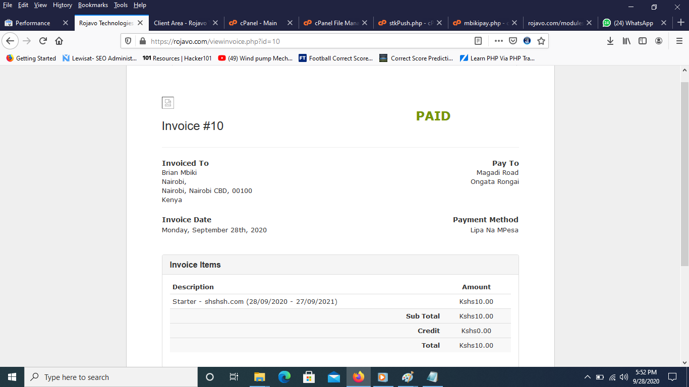 An individual WHMCS invoice paid via Mpesa