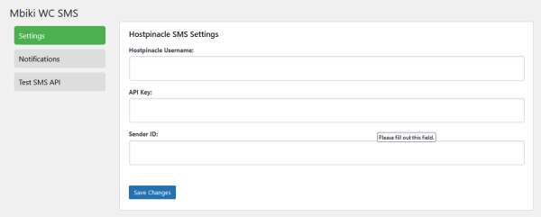 Settings of the hostpinnacle sms plugin