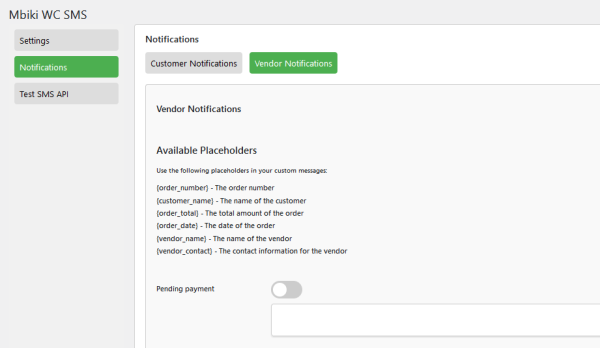 Vendor sms notifications plugin settings